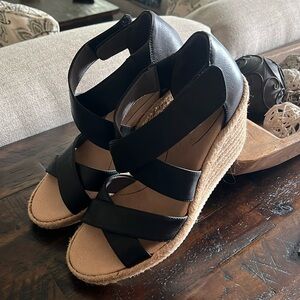 Women’s Dr Scholl’s Wedge Sandals Shoes Leather Rope 3 1/2 “ Heel Black Size 10